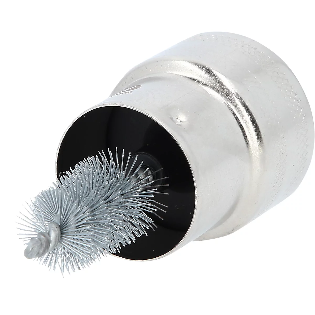 Bürstenkopf mit metallischen Borsten. Der Bürstenkopf ist in einem metallischen Gehäuse integriert.